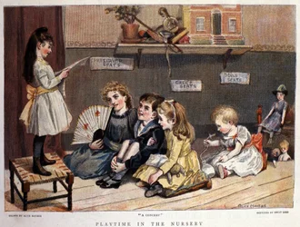 Barneleker: “” konserten””” En liten jente synger foran et publikum av barn og leker. Tegning av Alice Havers. 1877