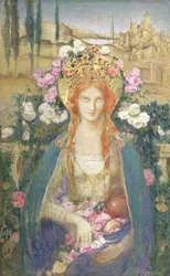 St. Elizabeth av Ungarn, 1916 (tempera på papir lagt ned om bord med bladgull innsatt med halvedelstener på diadem-relieff)