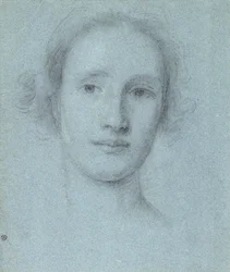 Head of a Girl (svart og hvitt kritt på blått papir)