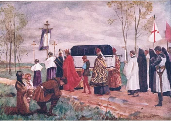 Burial of St Hugh, illustrasjon fra 'Childrens Tales of English Minsters', ca. 1920 (farge litho)