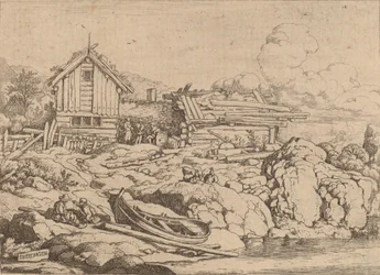 Båt ved en elvebredd med tre geiter, sannsynligvis ca. 16451656.