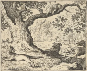 Etter Renards falske historie, blir hans far jaget av jakthunder fra Hendrick van ..., 1650-75.
