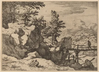 Mann på en liten trebro, sannsynligvis ca. 16451656.