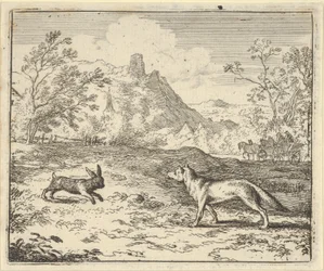 Renard lyver om at kaninen fornærmet ett av barna hans, 1650-75.