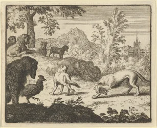 Løven tillater en kamp mellom ulven og Renard, 1650-75.
