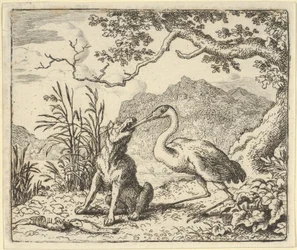 Storken fjerner et bein fra ulvens hals fra Hendrick van Alcmars Renard The F..., 1650-75.