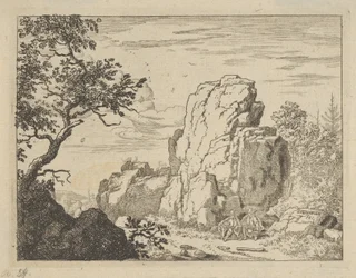 To menn som sitter ved foten av en høy klippe, 1600-tallet.