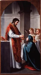 Jomfruen mottar nattverd av døperen Johannes Maleri av Alonso Cano (1601-1667) Genes fra 1600-tallet, Musei di Strada Nuova (ex Palazzo Bianco)