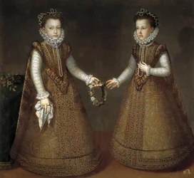 Infantas Isabel Clara Eugenia (Isabelle Claire Eugenie av Østerrike) (1566-1633) og Catherine Michelle av Spania (1567-1597) (Catherine Michelle av Østerrike) av Sanchez Coello, Alonso (1531-1588), ca. 1575 - Olje på lerret