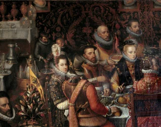 Banketten til monarkene av huset Østerrike. Detalj som viser til høyre Anna av Østerrike (1549-1580), hustru til Filip II av Spania (1527-1598), med sitt følge, og til venstre infanta Isabella Clara Eugenia (1566-1633).