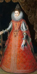 Portrett av infanta Isabella Eugenia, stående i helfigur iført en brokadekjole, 1593