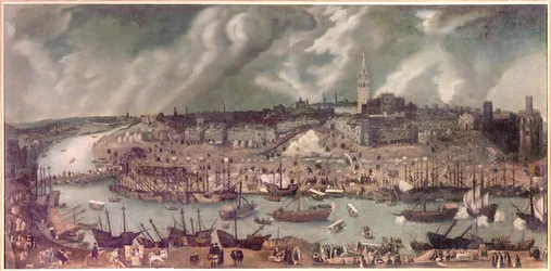 Utsikt over byen Sevilla (Spania). Maleri tilskrevet Alonso Sánchez Coello (Sánchez Coello) (omtrent 1531-1588). Slutten av 1500-tallet