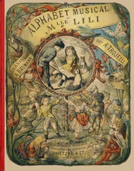 Omslag - Gravering fra Mlle Lilis musikalske alfabet, av Angelino Trojelli (18..-1916). Bibliotek- og utdannings- og fritidsbutikk J. Hetzel & Cie, Paris