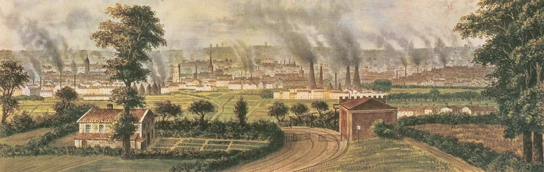 Leeds fra Rope Hill, ca. 1840 (farge litho)
