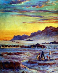 Gruppe av arabiske nomader i ørkenen. av Nasreddine Dinet (Alphonse-Étienne Dinet). 1861 1929. en fransk orientalistisk maler 1918