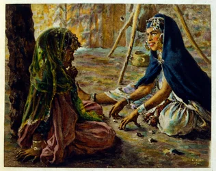 Illustrasjon av Dinet fra «Mirages» Scener fra arabisk liv. 1906. Mirages, Scenes De La Vie Arab ble illustrert av Etienne Dinet med kommentarer av Silman Ben Ibrahim Bamer. Nasreddine Dinet ble født som Alphonse-Etienne Dinet; (1861-1929) var fransk