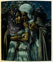 Illustrasjon av Dinet fra «Mirages» Scener fra arabisk liv. 1906. Mirages, Scenes De La Vie Arab ble illustrert av Etienne Dinet med kommentarer av Silman Ben Ibrahim Bamer. Nasreddine Dinet ble født som Alphonse-Etienne Dinet; (1861-1929) var fransk