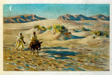 Illustrasjon av Dinet fra «Mirages» Scener fra arabisk liv. 1906. Mirages, Scenes De La Vie Arab ble illustrert av Etienne Dinet med kommentarer av Silman Ben Ibrahim Bamer. Nasreddine Dinet ble født som Alphonse-Etienne Dinet; (1861-1929) var fransk
