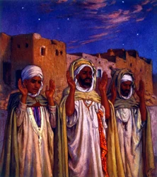 Illustrasjon som viser muslimske arabiske pilegrimer på vei til Mekka. av Nasreddine Dinet (Alphonse-Étienne Dinet). 1861 1929