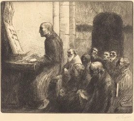 Munk som spiller orgel i kirken.