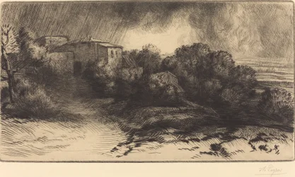 Utsikt over en gård sett i en storm La ferme de Brieux Stormeffekt.