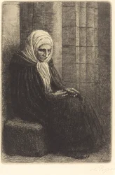 Kvinne sitter mot en vegg, barn med hodet i fanget Femme assis, muraille au fond....