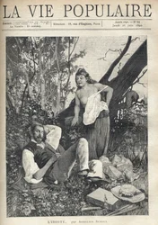 A young woman, decoiffee, denudee, apparent chest, leans with confidence and fun towards a painter lying, sleeping in the middle of nature, jacket, hat, material and pipe sparpilles on the floor. Illustration by Alfons Maria Mucha (Alphonse Marie Mucha
