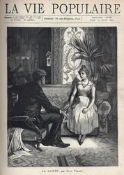 A young woman, looking sick, sitting on a couch, in a richly decorated living room, she has a shy attitude and talks with a young man in clothing, sitting on an armchair, turns towards her, the enterprising look. Illustration by Alphons Mucha (1860-1939), 