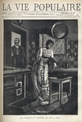 An elegant woman waxes a shoe in the kitchen of a house. A man opens the door behind her. Illustration by Alfons Maria Mucha (Alphonse Marie Mucha
