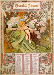 Chocolate Masson-kalender illustrert av Mucha (1860 – 1939). en tsjekkisk jugendmaler