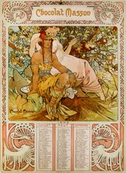 Chocolate Masson-kalender illustrert av Mucha (1860 – 1939). en tsjekkisk jugendmaler