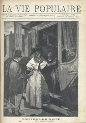 Farewell between a man and a woman getting on a train on the platform of a station. Illustration by Alfons Maria Mucha (Alphonse Marie Mucha