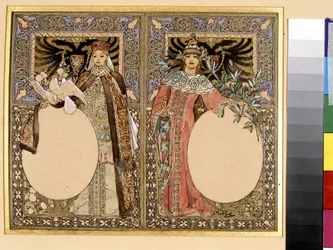 Illustrasjon av en bok (eventyr eller legender). Kunstverk av Alfons Maria Mucha (Alphonse Marie Mucha