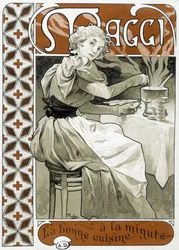 Ung kvinne som lager mat på en gasskomfyr - reklame Maggi "" god mat for minuttet "", av Mucha, rundt 1890.
