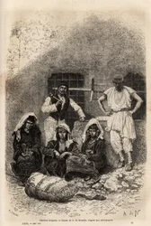 Bulgarske arbeidere, nær Sophia, graverer etter tegningen av A. De Neuville, illustrerer reisen til Bulgaria, av Guillaume Lejean, i 1867, utgitt i "" Le tour du monde"" 1873, redigert av Edouard Charton, Hachette-utgaven, Paris . Selva samling