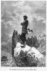 Kaptein Nemo klatrer på en klippe, illustrasjon fra «En verdensomseiling under havet» av Jules Verne (1828-1905), gravert av Henri Théophile Hildibrand (1824-97), Paris, Hetzel, utgitt 1877