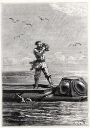 Kaptein Nemo på toppen av Nautilus, fra «En verdensomseiling under havet» av Jules Verne (1828-1905), gravert av Henri Théophile Hildibrand (1824-97)