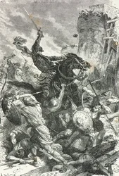 Grev Eudes forsvarer Paris mot vikingenes invasjon i 885 (gravering)