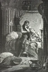 Eponine de Langres ammer barnet til Julius Sabinus i en hule (gravering)
