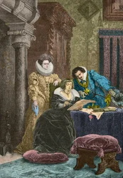 Marie de Medici under påvirkning av Concino Concini og Leonora Dori (gravering)