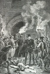 Massacre de la Saint Barthelemy, hertugen av Guise dytter liket av Gaspard de Coligny med foten (gravering)
