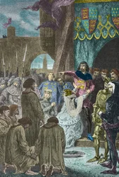 Filippa av Hainaut ber Edvard 3 av England om å skåne borgerne i Calais i 1347 (gravering)