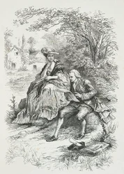 Rousseau i selskap med Madame Louise d#39;Epinay, ved Eremitasjen i Montmorency (gravering)