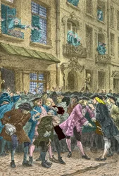 Rue Quincampoix, der spekulanter møtes, cirka 1720 (gravering)