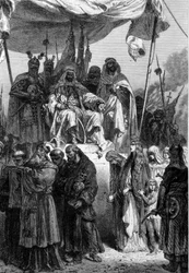 De kristne i Jerusalem avreise før Saladin (1138-1193) (Salah al-Din Yusuf al-Ayyubi (al-Ayyubi) etter erobringen av byen i 1187. Gravering av Neuville 1879.