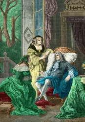 Duc de La Rochefoucauld i samtale med Madame de Sevigne og Madame de La Fayette (gravering)