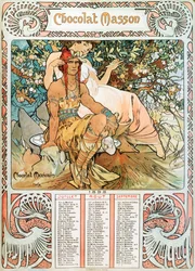 Voksenkalenderside for året 1898 dekorert av en reklameillustrasjon av Alphonse Mucha (1860-1939) for sjokoladene Masson - "" Middelalderen"" Reklameillustrasjon av Alphonse Mucha for