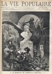 In the memory of Theophile Gautier (1811-1872). Around a bust of the writer, the characters in costume of his works run with sadness and dignity, under the gaze of a child crowns laurels, riding a wing horse. Illustration by Alfons Maria Mucha (Alphonse Ma