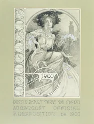Offisiell bankett ved den internasjonale utstillingen i Paris 1900. Design til menyen.