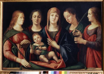 Jomfruen og barnet med Marie Madeleine Sainte Catherine og to helgener (Madonna og barnet med Maria Magdalena, Saint Catherine og to helgener). Maleri av Alvise Vivarini (ca. 1446-ca. 1505). Olje på lerret, 89 x 129 cm